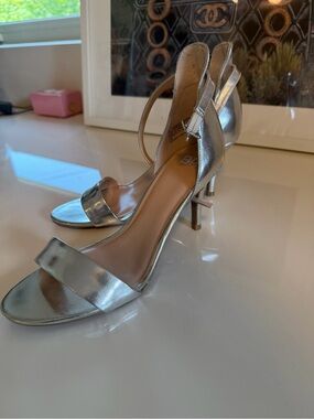 bp Silver Metallic Open-Toe Ankle Strap Heels